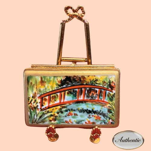 Limoges Trinket Box Monet Japanese Bridge Painting over Water Liliy Pond with Gold accents Original Box